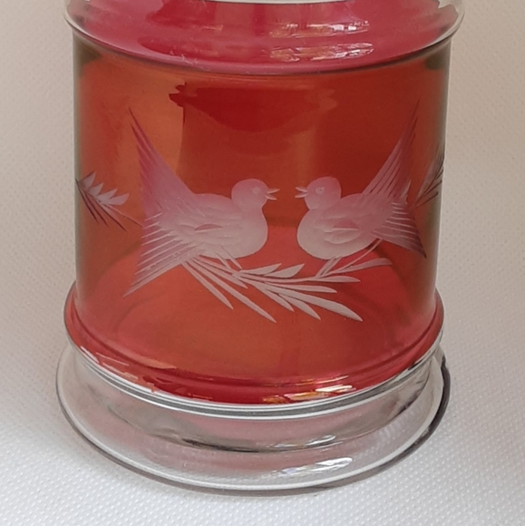 Vintage Etched Cranberry Flash Glass Jar Doves Birds - Picture 4 of 12